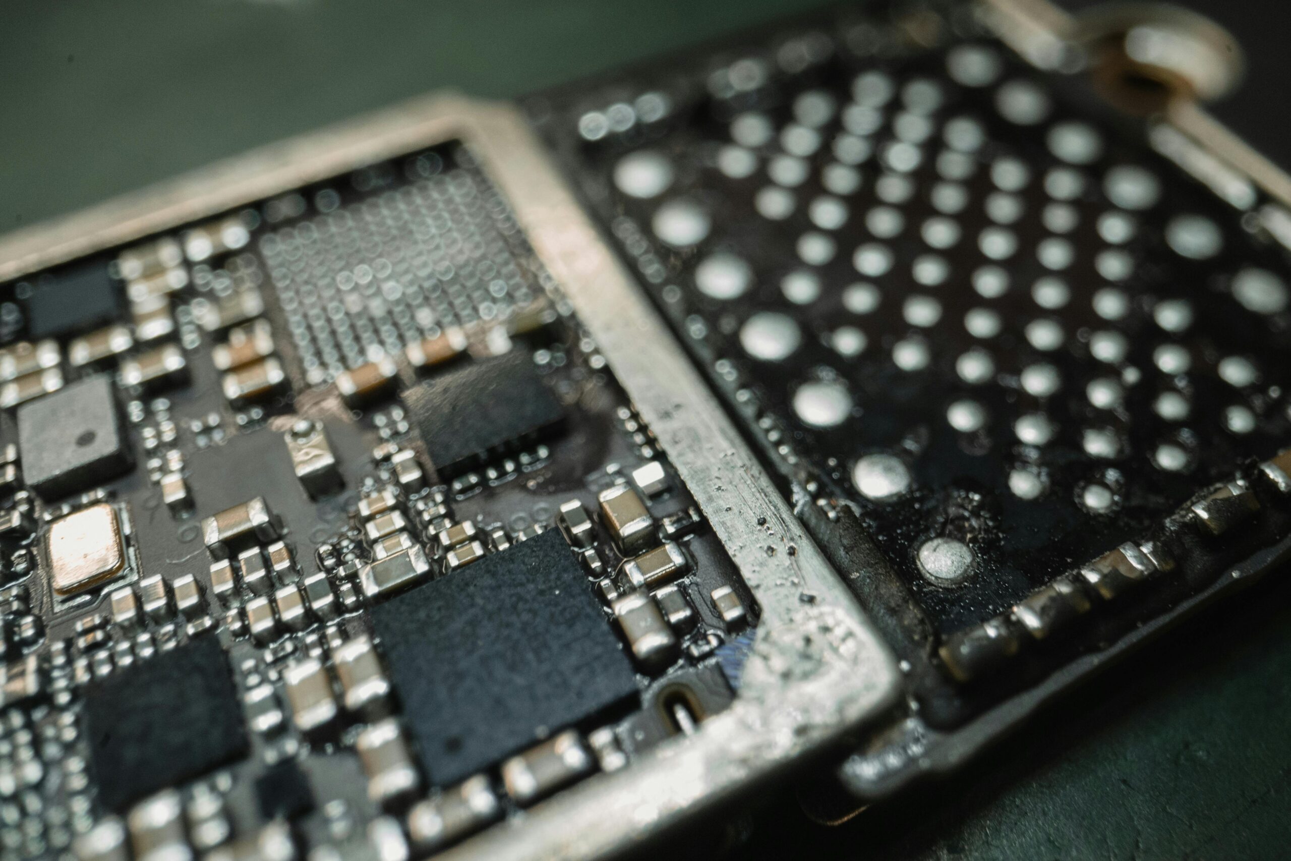 Detailed macro shot of an electronic circuit board revealing intricate components.